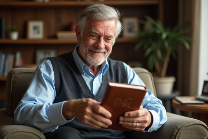 homme-senior-livre-personnalise Homme senior souriant avec un livre personnalisé en main