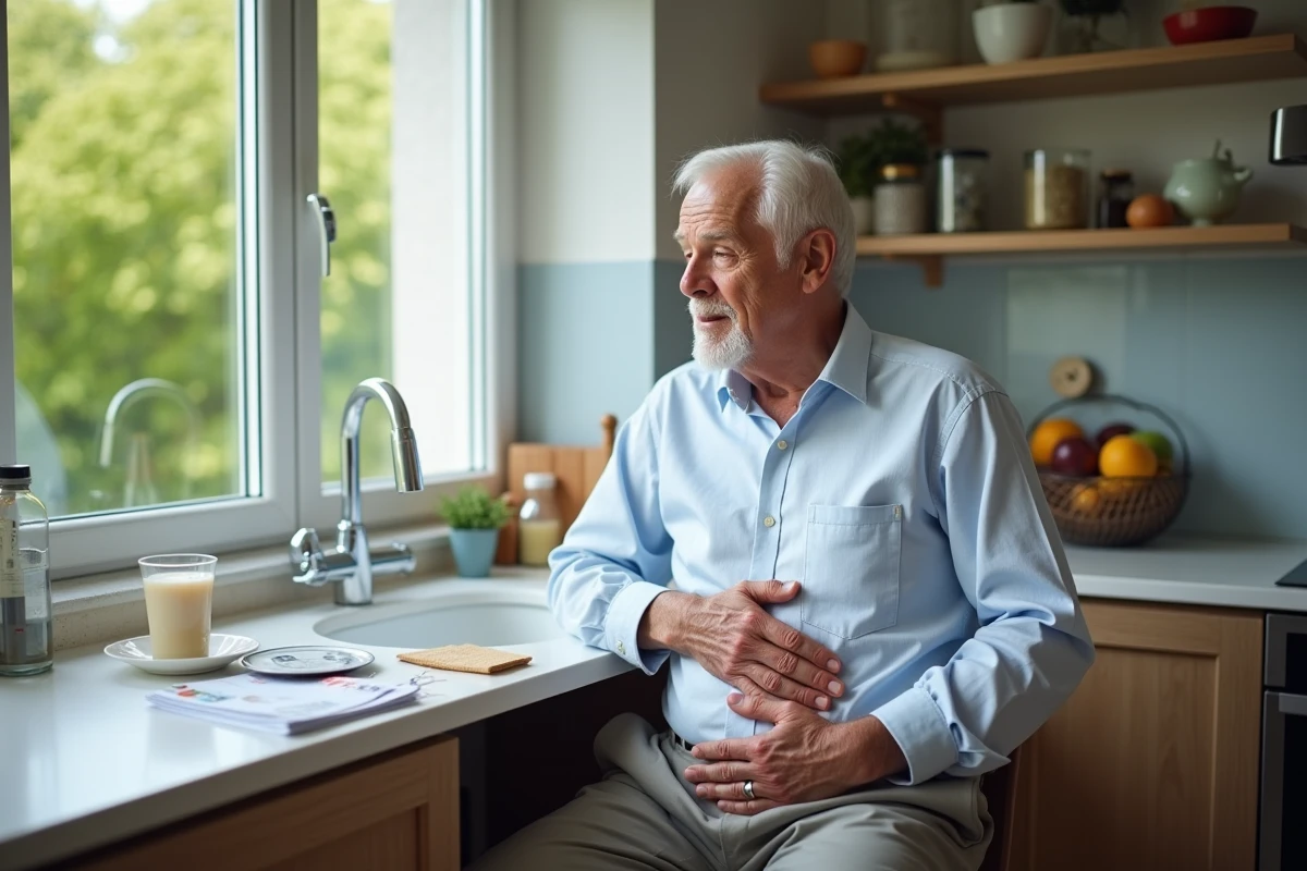 Homme senior dans la cuisine avec malaise et regard pensif