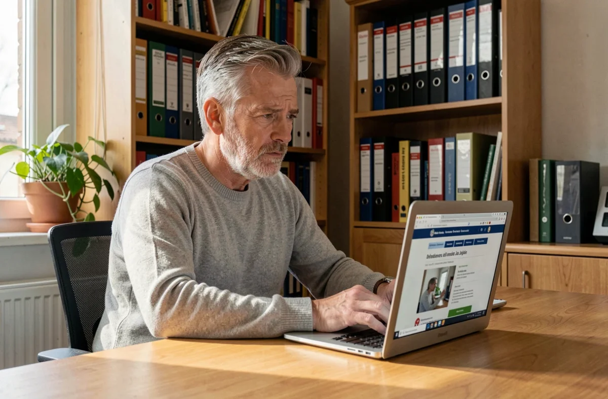 Homme de 64 ans cherchant un emploi sur internet depuis son bureau à domicile, illustrant les démarches obligatoires après 60 ans