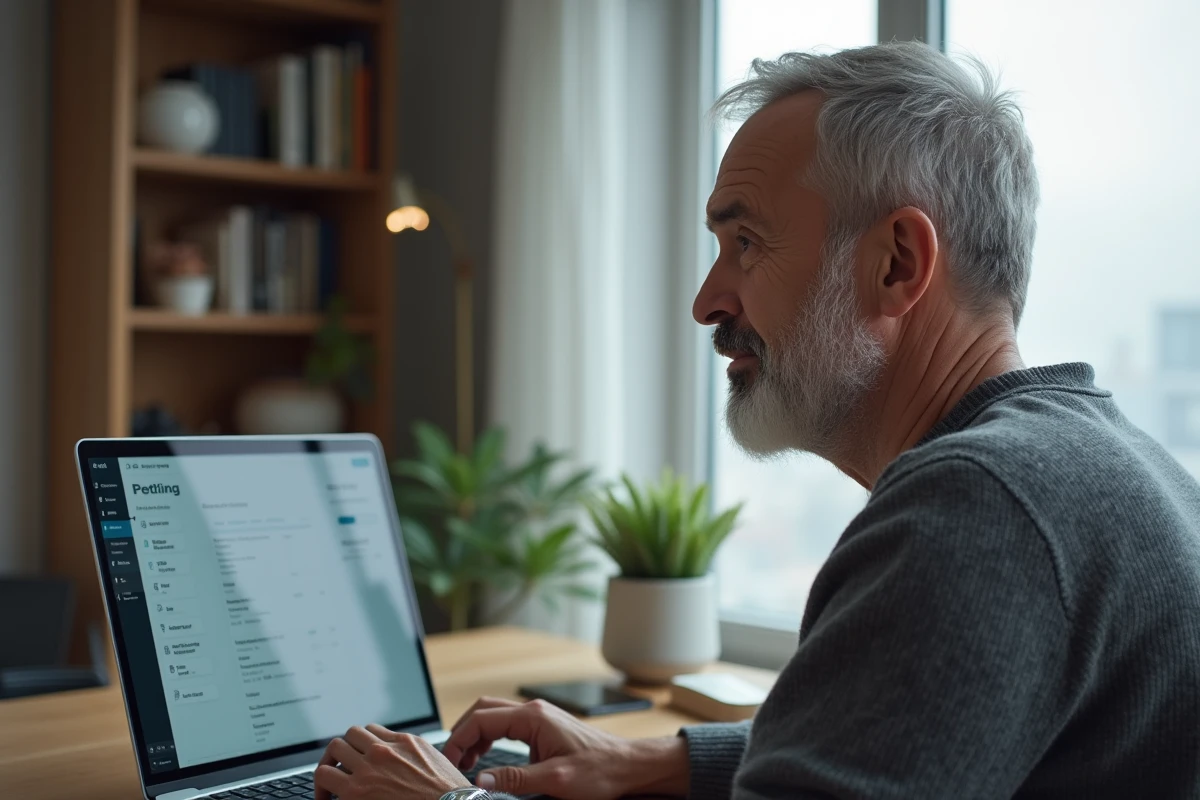 Homme senior configurant les paramètres de sécurité de son profil de rencontre Disons Demain sur ordinateur