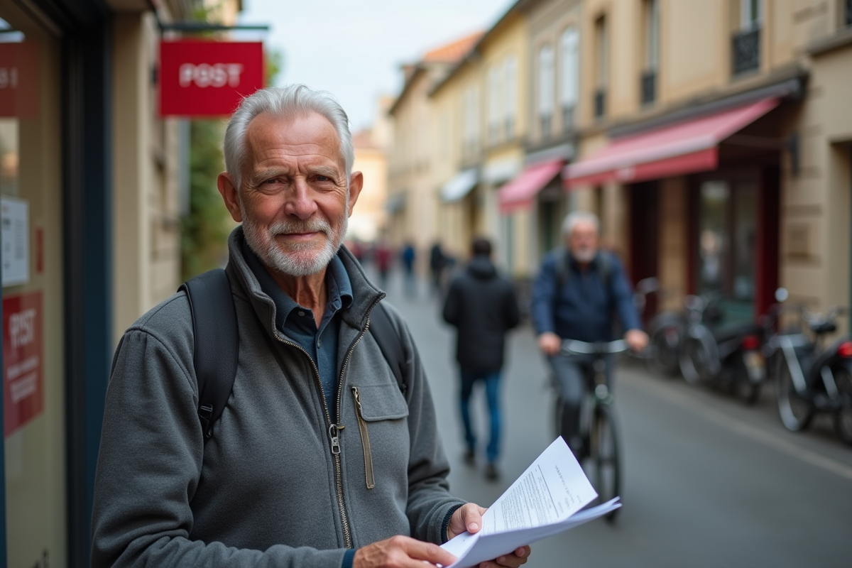 Homme retraité souriant devant la poste en ville