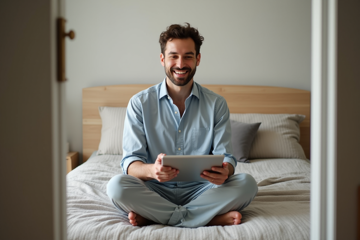 Homme en vidéo appel dans une chambre moderne et organisée