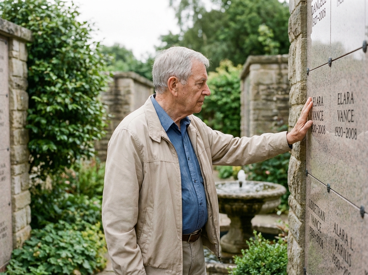 Homme regardant les urnes dans un jardin de columbarium