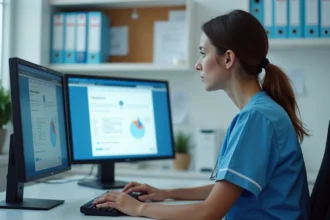 Infirmière en EHPAD consultant un logiciel de gestion sécurisée des données patients sur ordinateur