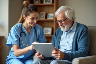 Infirmière et résident en EHPAD consultant ensemble un outil numérique de soins sur tablette, illustrant l'alignement entre NETSoins colisée et le projet de vie personnalisé