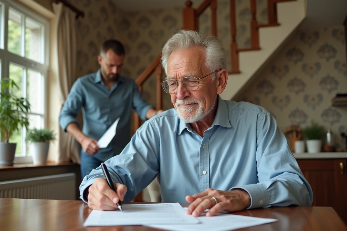 Homme âgé remplissant un contrat avec un installateur de monte-escalier