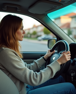 Jeune femme anxieuse au volant d'une voiture en stationnement