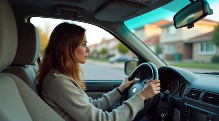 Jeune femme anxieuse au volant d'une voiture en stationnement