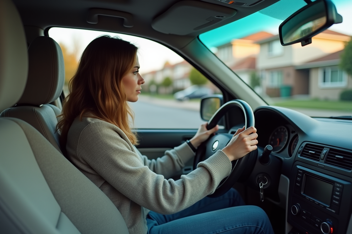 Jeune femme anxieuse au volant d'une voiture en stationnement