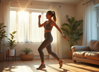Jeune femme dansant dans un salon ensoleille avec joie