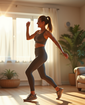Jeune femme dansant dans un salon ensoleille avec joie