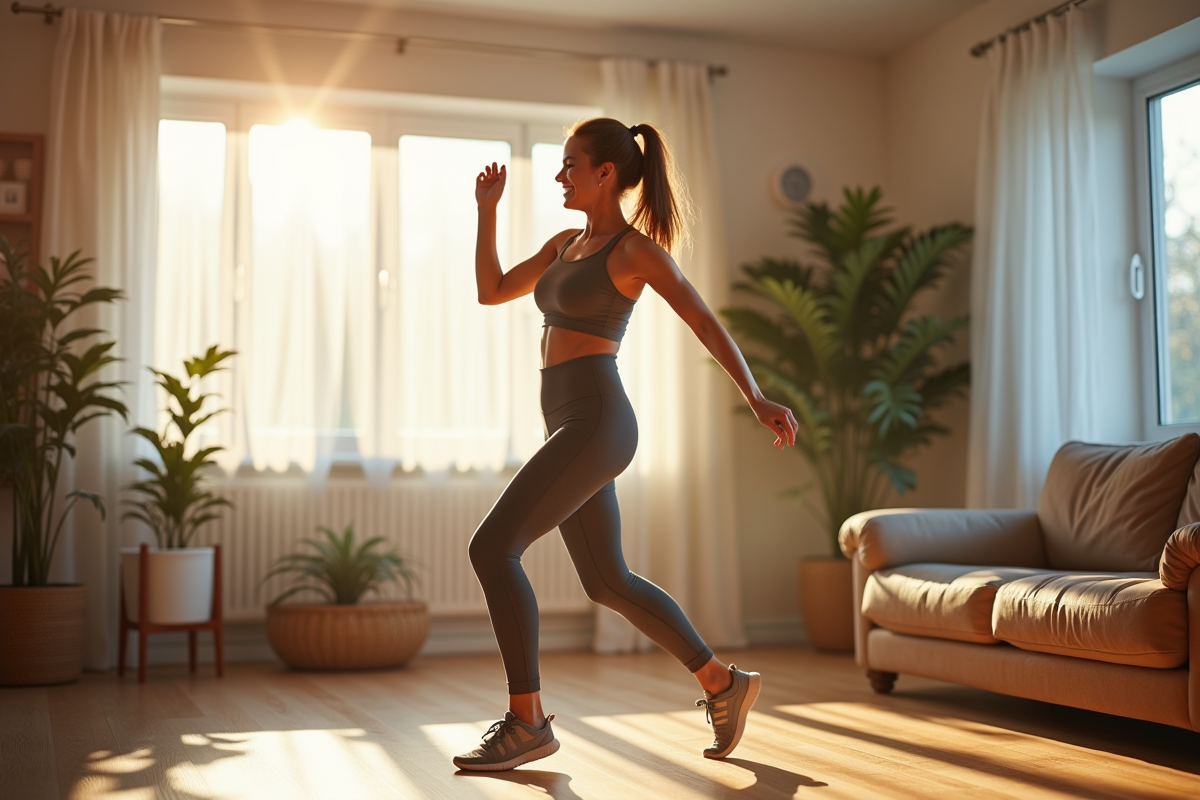 Jeune femme dansant dans un salon ensoleille avec joie