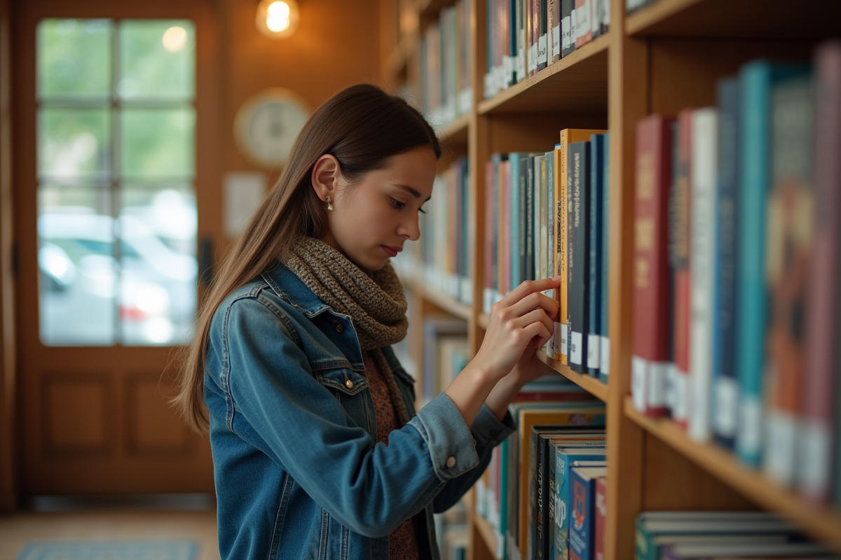 Jeune femme choisissant un livre dans une bibliothèque accueillante