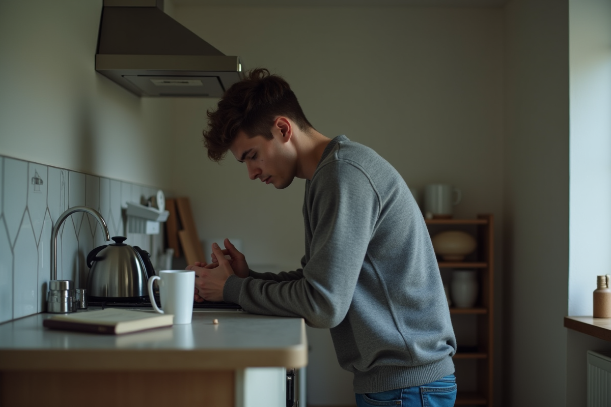 Jeune homme dans une cuisine en introspection