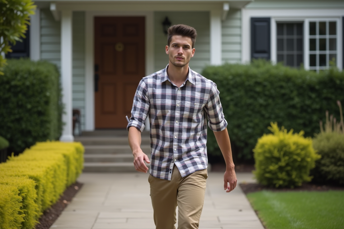 Jeune homme marchant rapidement devant une maison