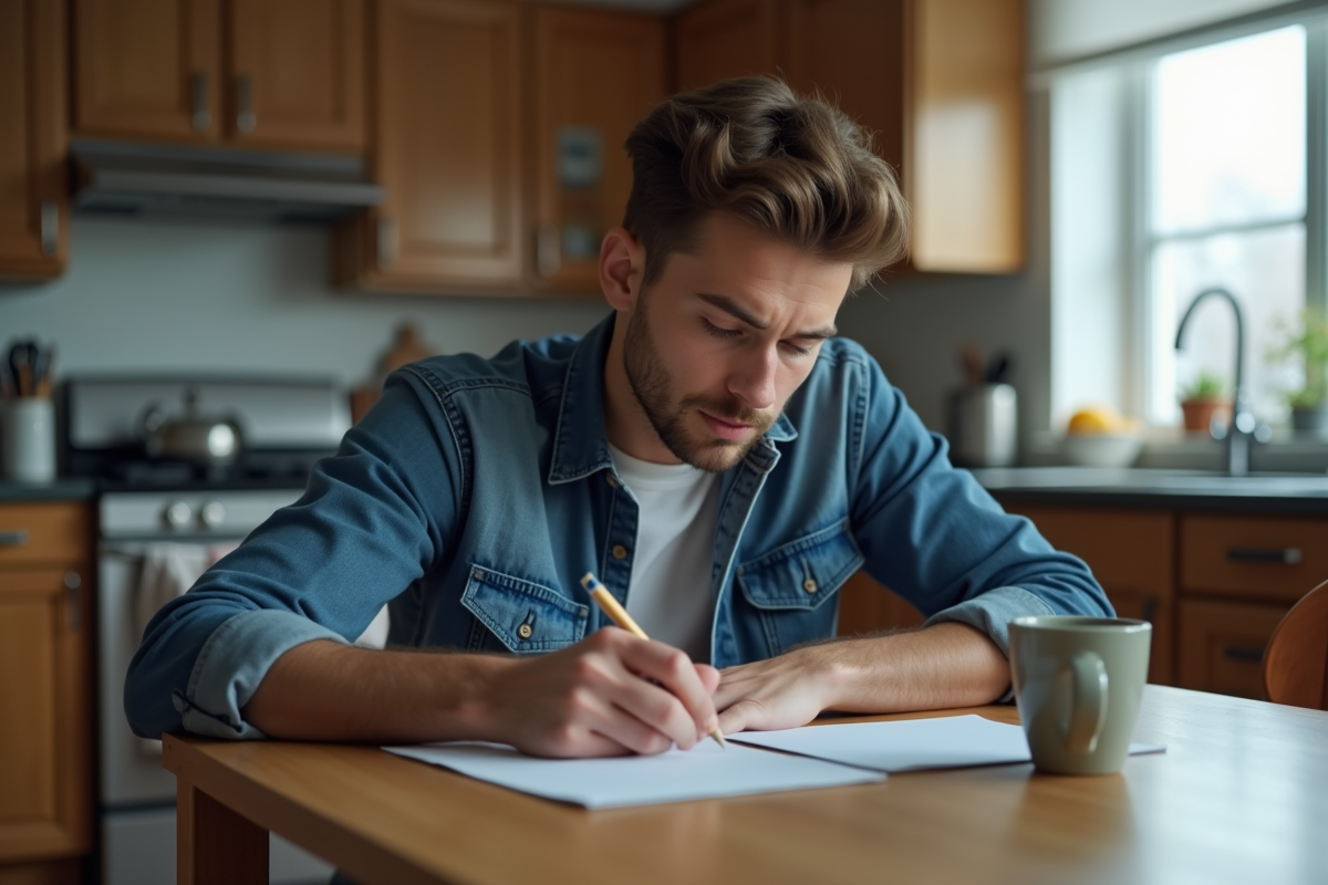 Jeune homme écrivant une lettre dans la cuisine