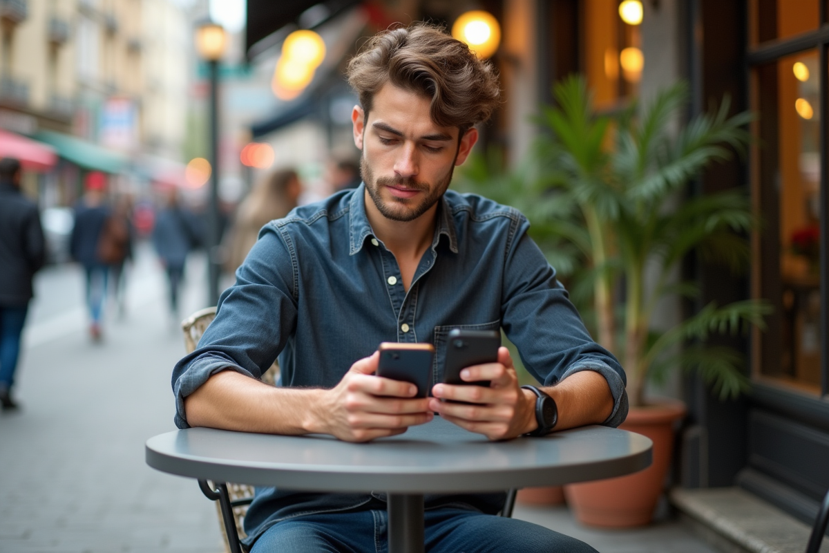 Jeune homme comparant deux smartphones dans un café urbain