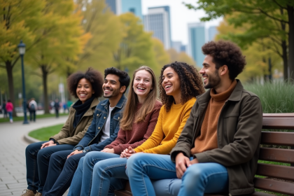 Groupe de jeunes adultes souriants dans un parc urbain