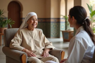 Une femme âgée marocaine en djellaba discute avec une soignante dans une maison de retraite moderne au Maroc