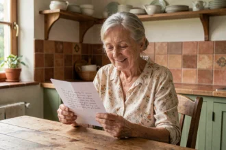 Grand-mère souriante lisant un poème imprimé à table dans une cuisine de campagne
