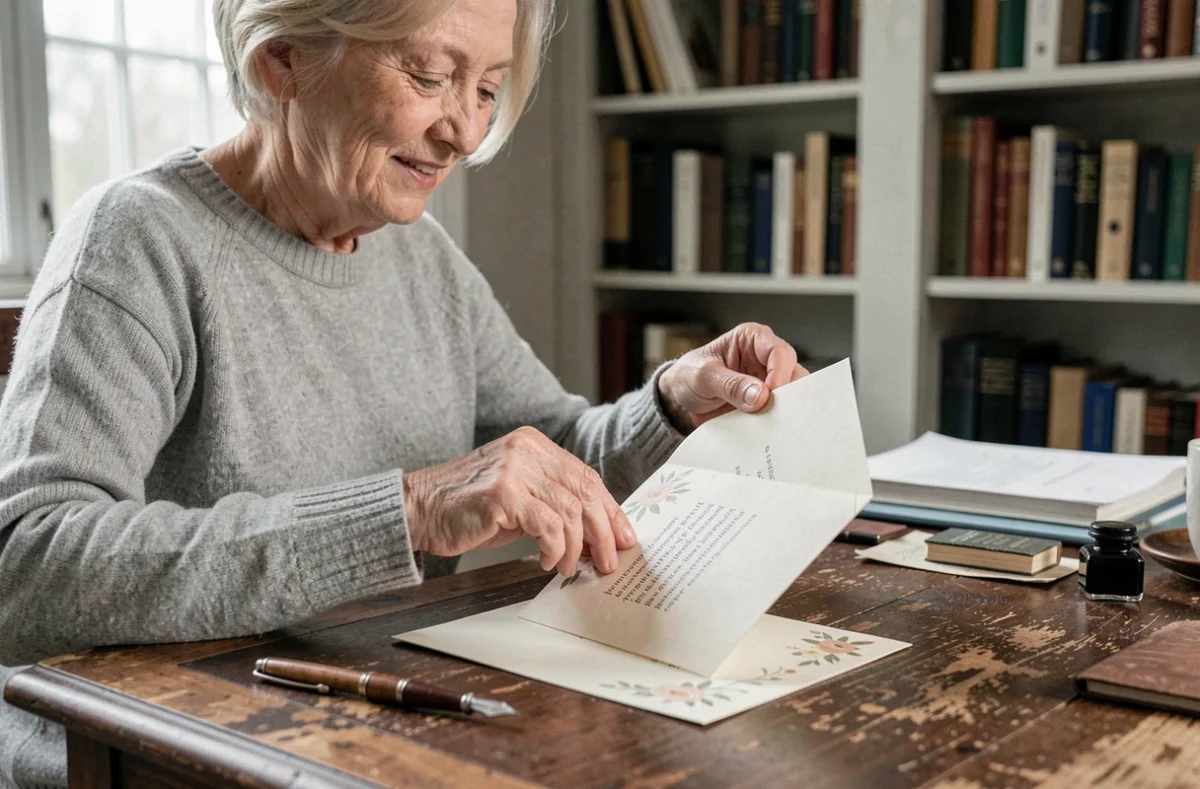 Grand-mère glissant un poème imprimé dans une enveloppe à son bureau en bois vintage