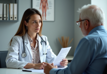 Medecin femme explique prescription pour canne a un patient