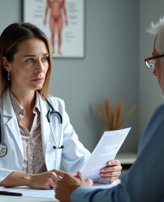 Medecin femme explique prescription pour canne a un patient