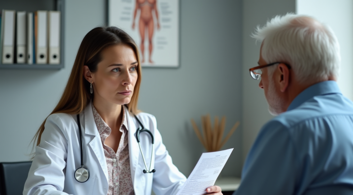 Medecin femme explique prescription pour canne a un patient