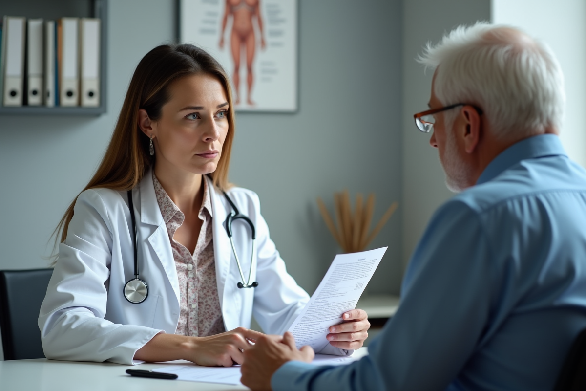 Medecin femme explique prescription pour canne a un patient