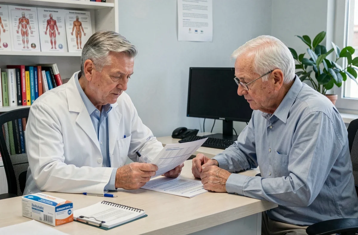 Médecin et patient âgé consultant des résultats d'analyses pour détecter des carences en compléments alimentaires