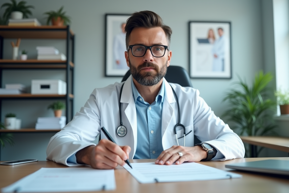 Medecin en consultation remplissant une prescription pour un lit