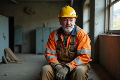 Ouvrier de construction de 59 ans en tenue usée dans un vestiaire industriel
