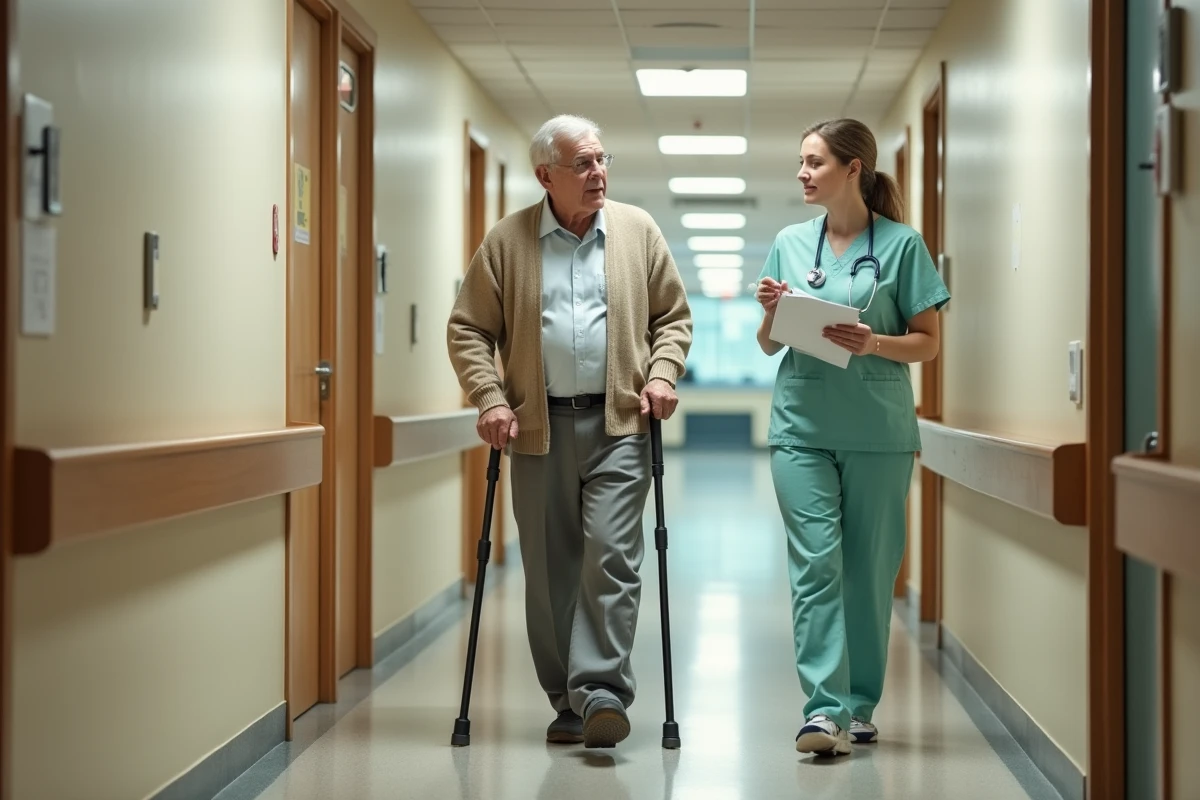Patient âgé marchant avec une canne quadripode dans un couloir hospitalier sous observation infirmière pour évaluation de la marche Tinetti