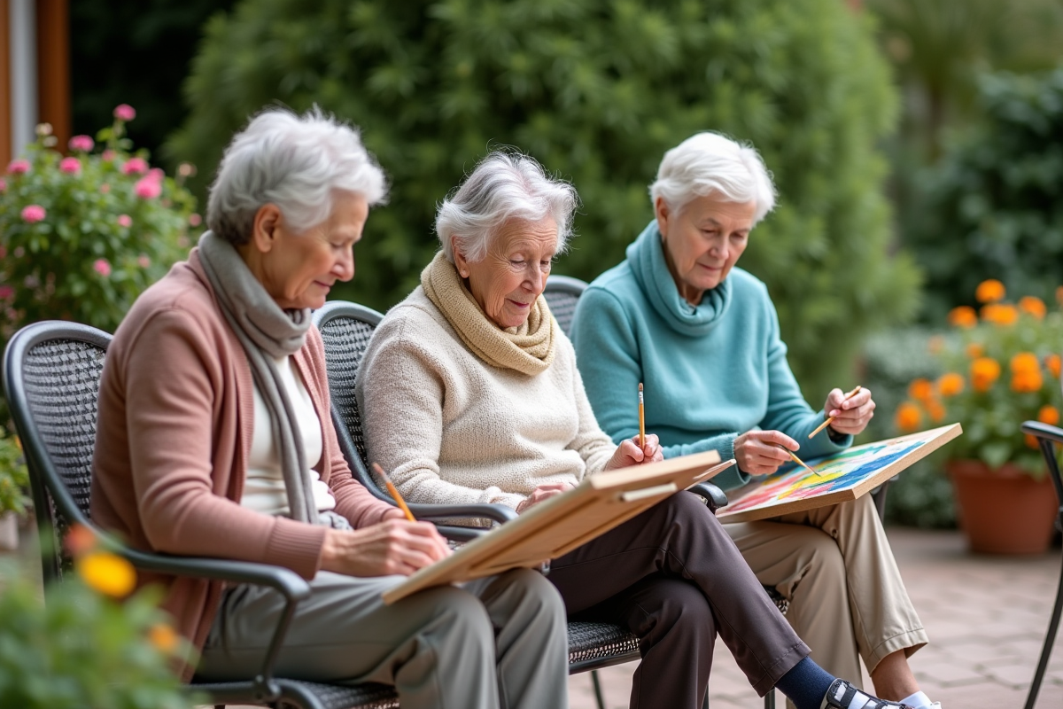 Trois seniors peignant en plein air dans un jardin fleuri