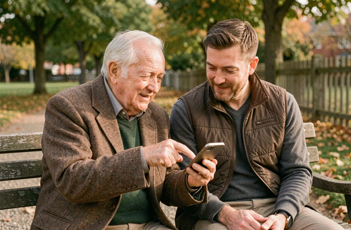 Père âgé et son fils adulte regardant ensemble une application de suivi senior sur un smartphone dans un parc, illustrant la connexion intergénérationnelle