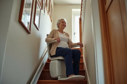Femme agee souriante utilisant un monte-escalier dans une maison chaleureuse