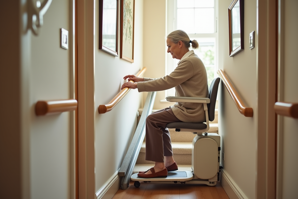 Femme âgée utilisant un monte-escalier dans un couloir lumineux