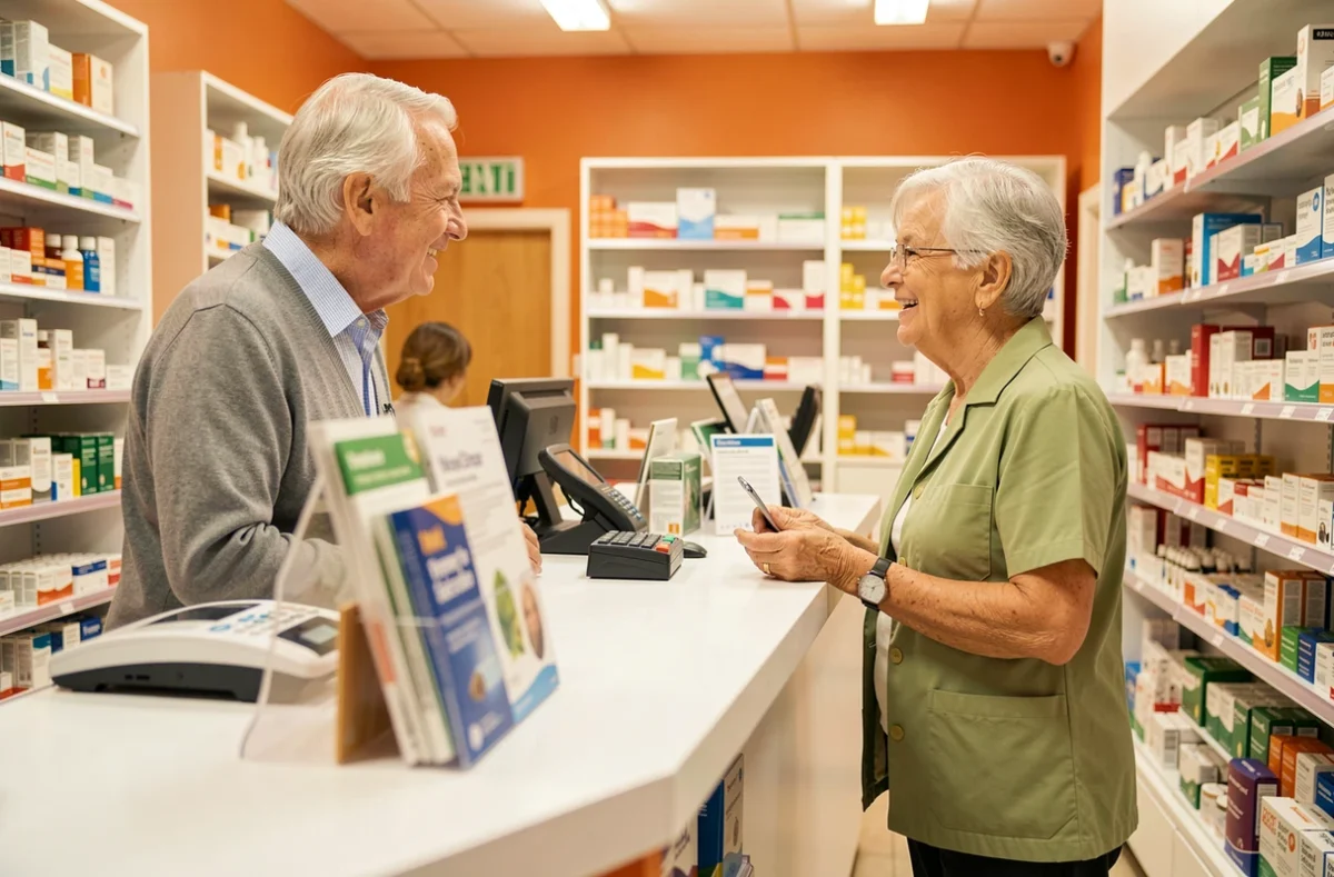 Pharmacien conseillant une personne âgée au comptoir