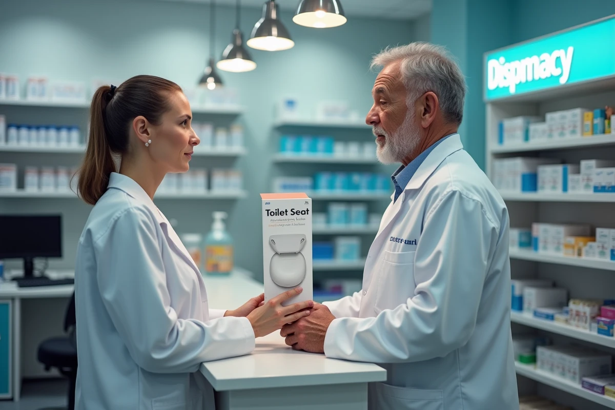 Pharmacienne présentant un rehausseur de WC à un senior dans une officine pour remboursement et conseil