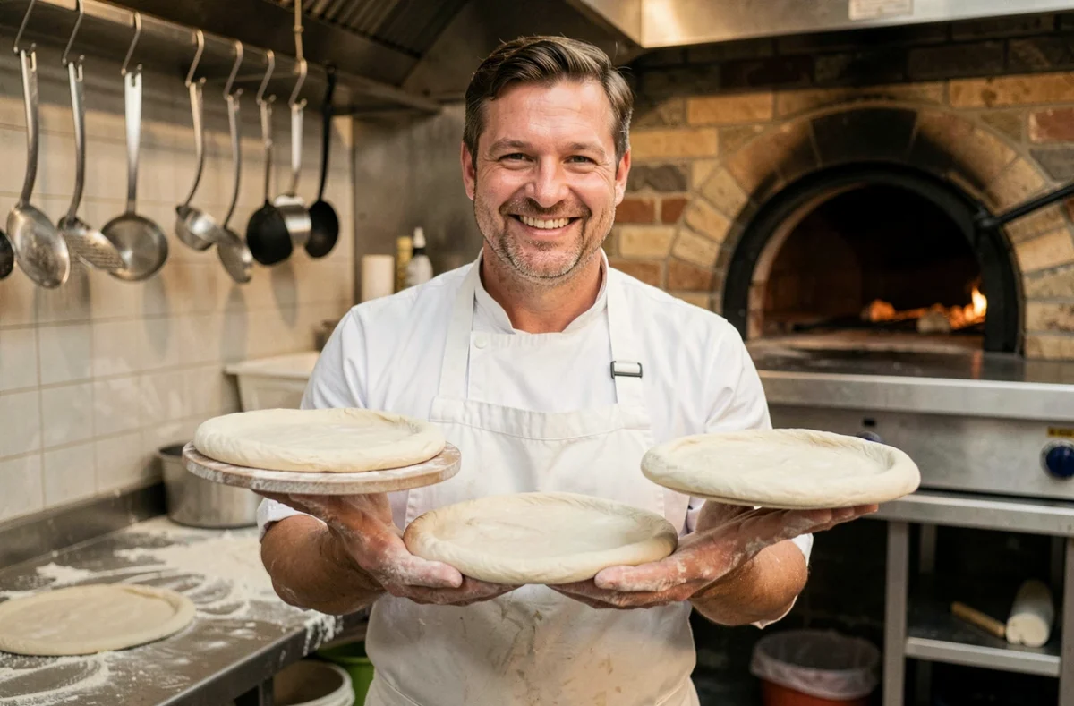 Chef pizzaiolo tenant trois pâtons de tailles différentes représentant les formats Junior, Senior et Maxi dans une pizzeria professionnelle