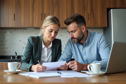 Couple en réunion financière dans une cuisine chaleureuse