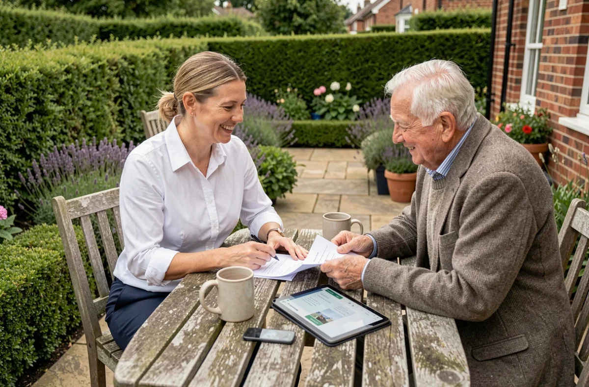 Assistante de services à domicile discutant d'un plan d'aide avec un senior dans un jardin résidentiel, services à domicile familles