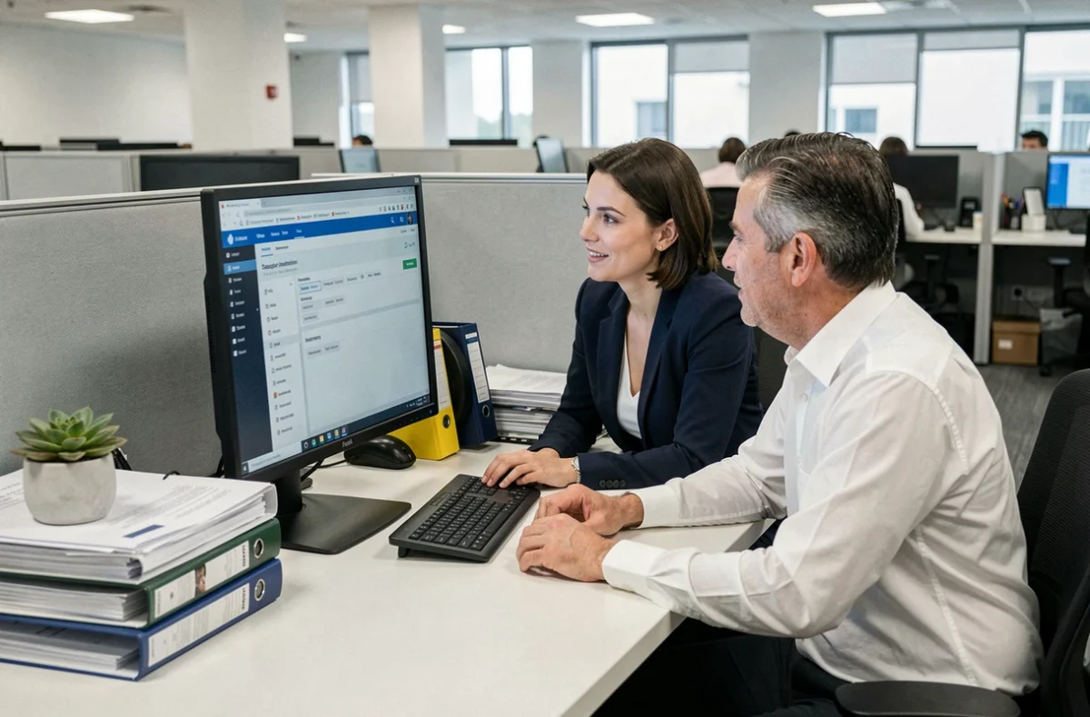 Deux collègues consultant un portail administratif en ligne ensemble dans un bureau professionnel moderne