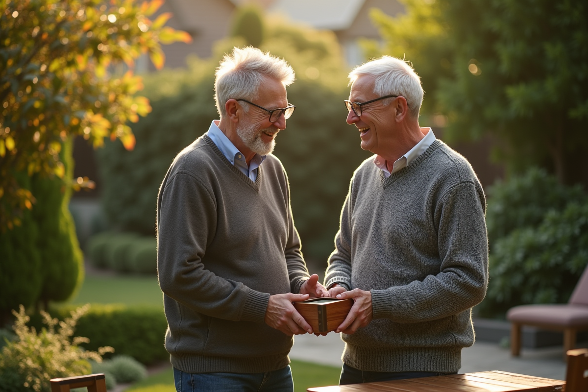 Père et fils partageant un rire dans un jardin ensoleille
