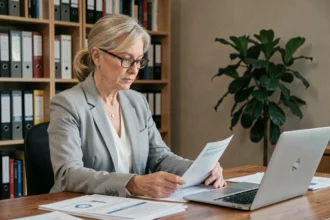 Femme préparant ses comptes de tutelle sur un bureau avec documents financiers et ordinateur portable