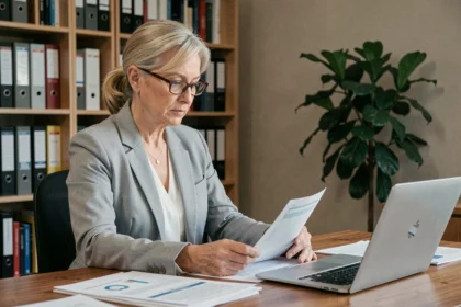 Femme préparant ses comptes de tutelle sur un bureau avec documents financiers et ordinateur portable