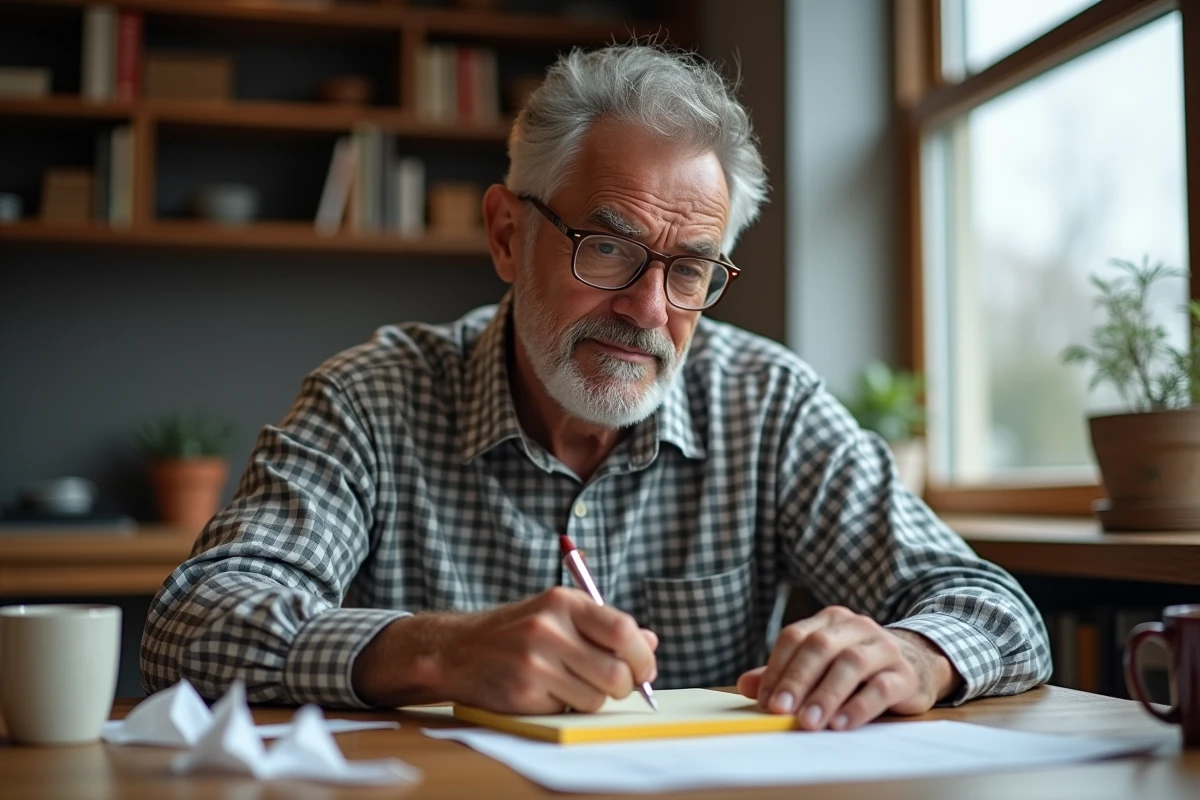Homme préparant son discours de retraite avec humour en écrivant des notes sur un bloc-notes à la maison
