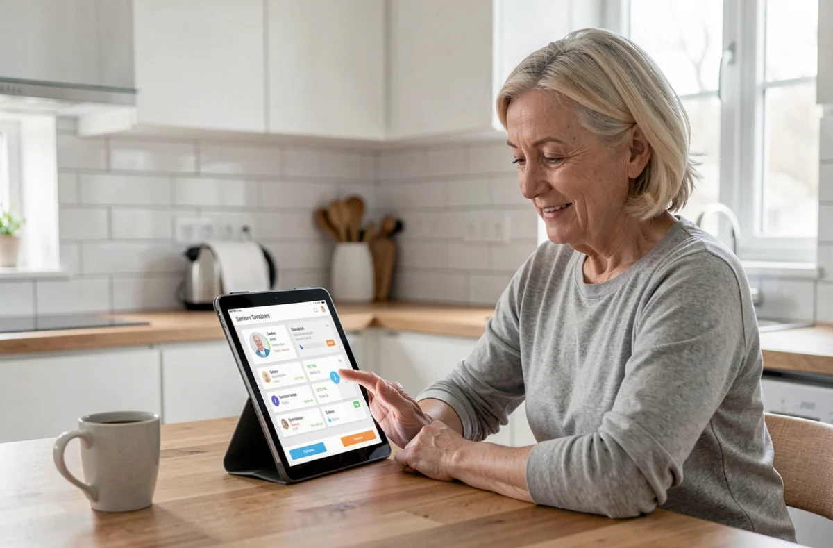 Femme d'âge moyen vérifiant l'application de connexion senior Gestea sur une tablette dans sa cuisine pour surveiller un parent âgé