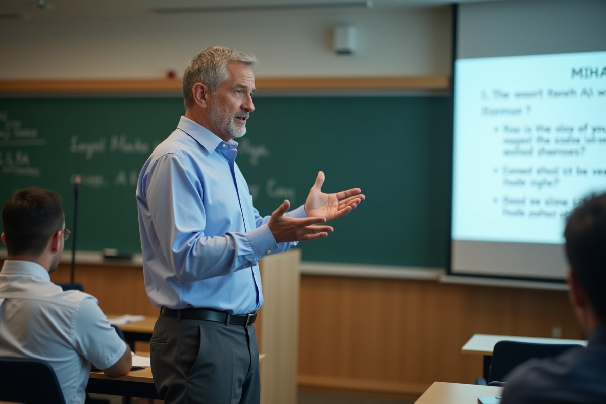 Professeur en classe présentant une diapositive aux étudiants