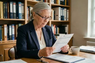 Professeure agrégée retraitée examinant sa fiche de pension à son bureau à domicile